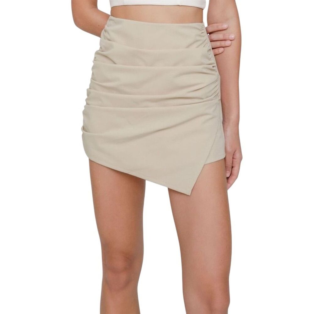 The Tinsel Rack Avery Ruched Asymmetrical Skort, Large in Beige